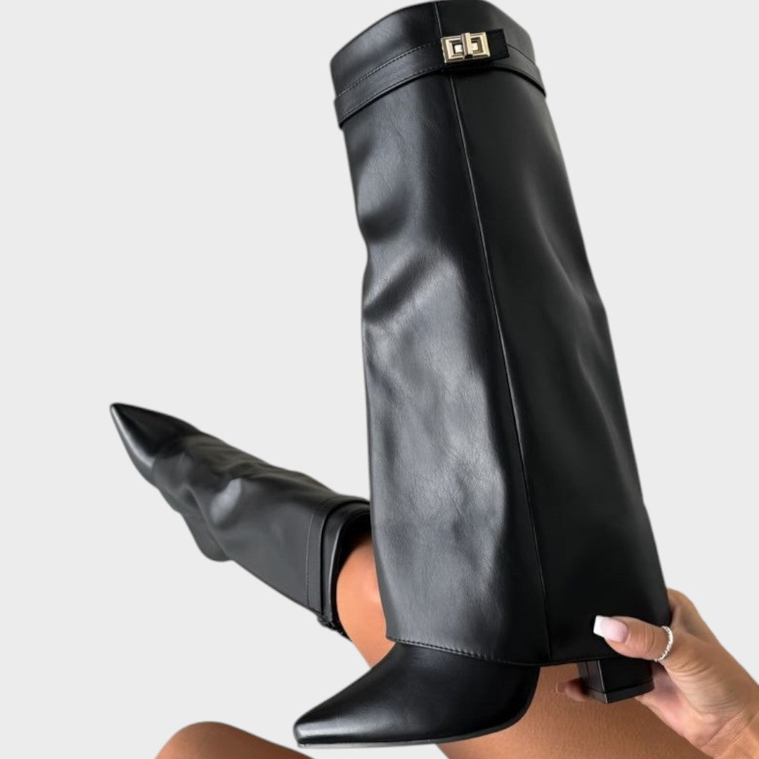 Tall Leather Boots with Wide Shaft and Pointed Toe