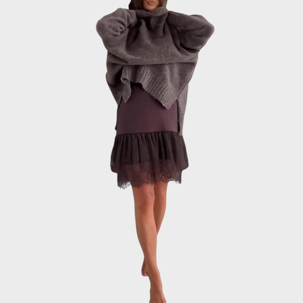 Comfortable Oversized Sweater Dress for Women with Turtleneck Long Sleeve Lace Hem Knit Style