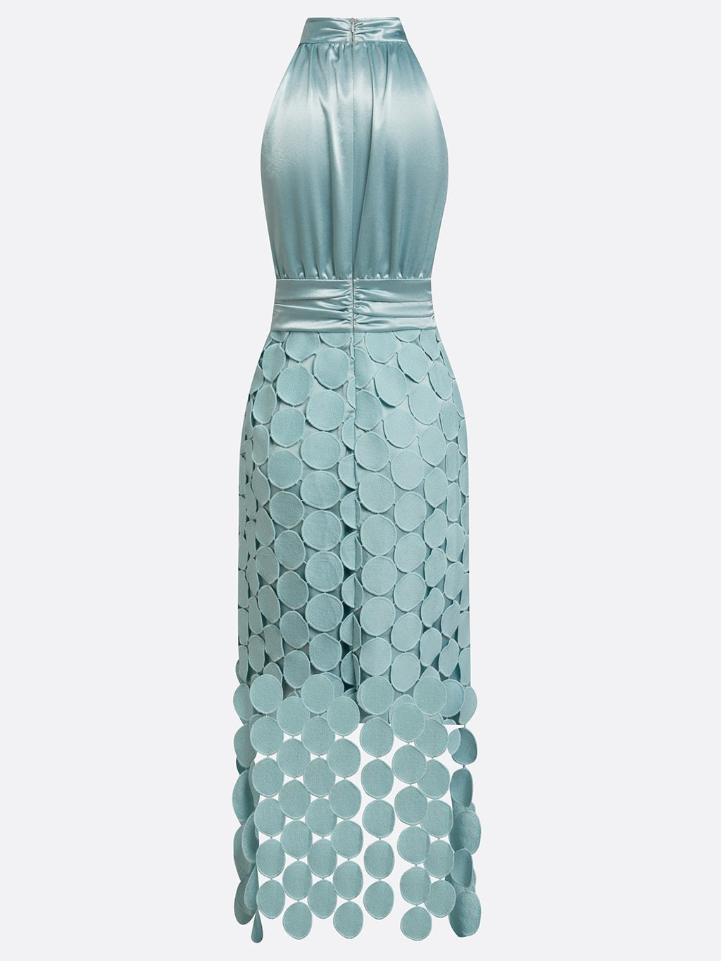 Elegant Satin Circle Cutout Midi Dress for Women with Halter Neck Sleeveless Ruched Waist Autumn Wedding Guest Style