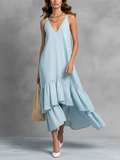 Women's Light Blue Cotton Linen Sleeveless V-Neck Ruffle Hem Maxi Dress