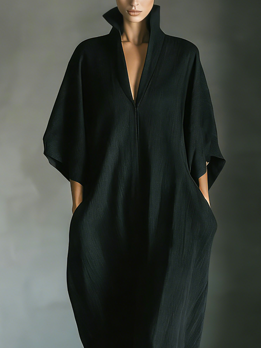 Relaxed V-Neck Maxi Dress with Wide Sleeves and Pockets