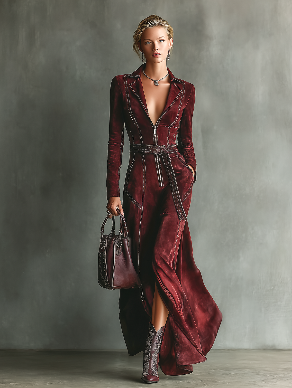 Retro Long Sleeve Faux Suede Dress in Burgundy with Color-Block Edging