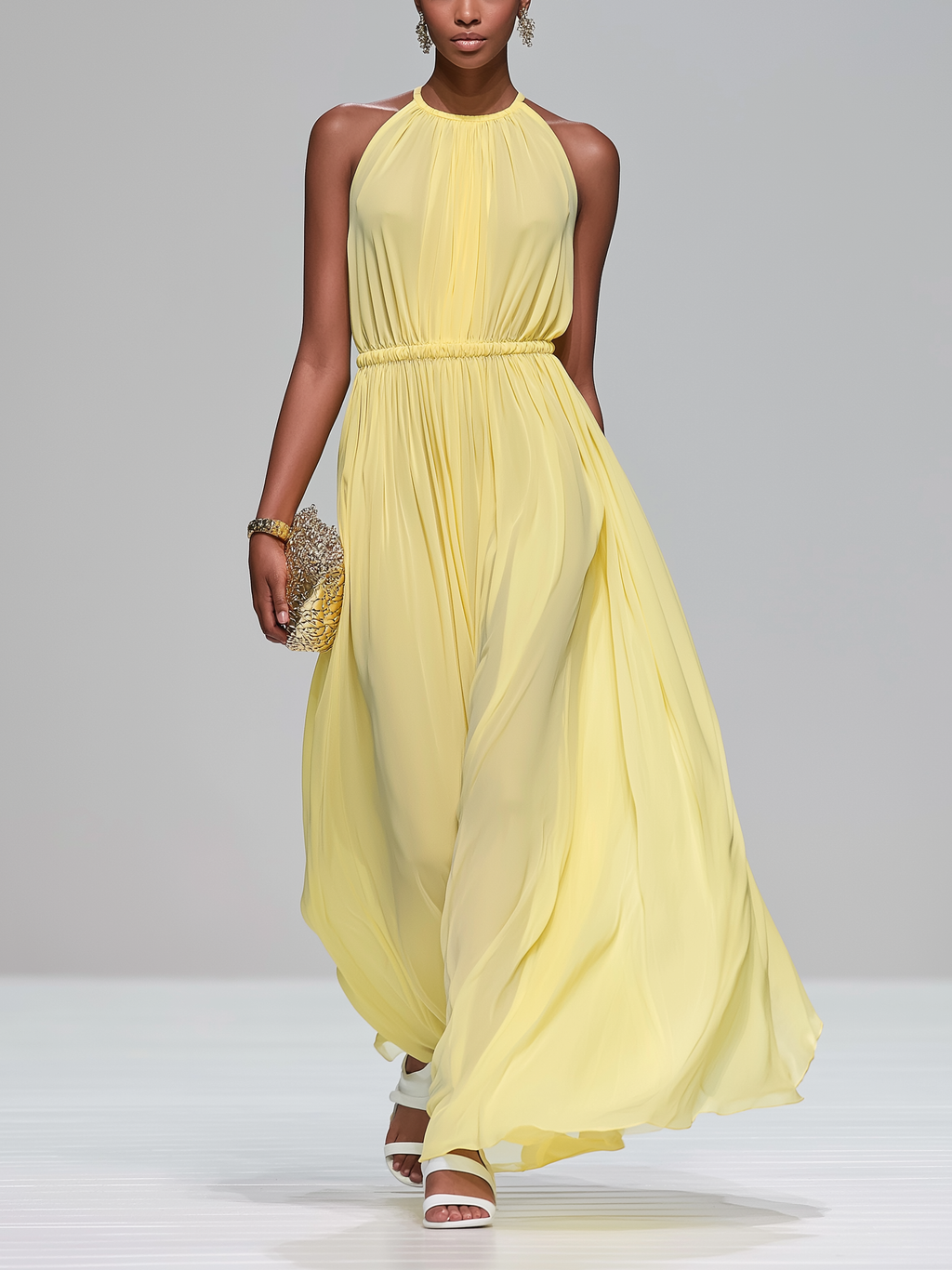 Elegant Light Yellow Chiffon Round Neck Sleeveless Long Dress For Women