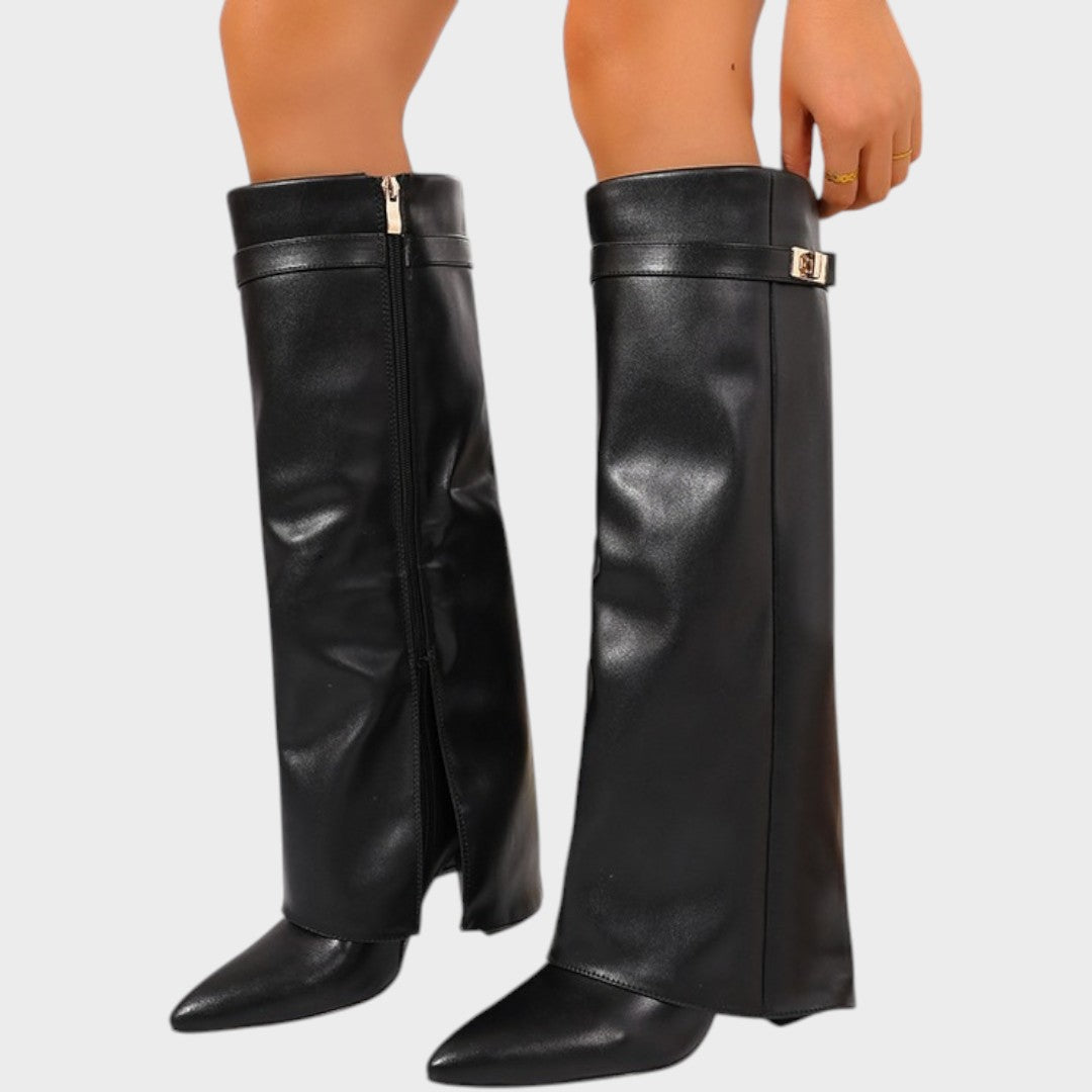 Tall Leather Boots with Wide Shaft and Pointed Toe