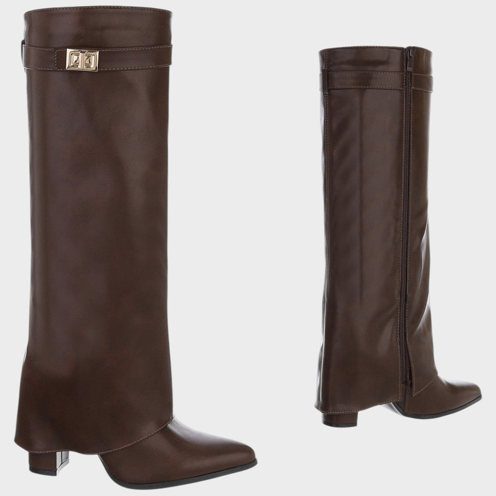 Tall Leather Boots with Wide Shaft and Pointed Toe