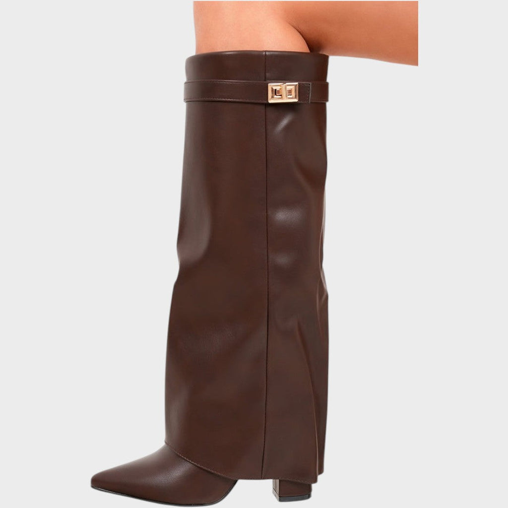 Tall Leather Boots with Wide Shaft and Pointed Toe