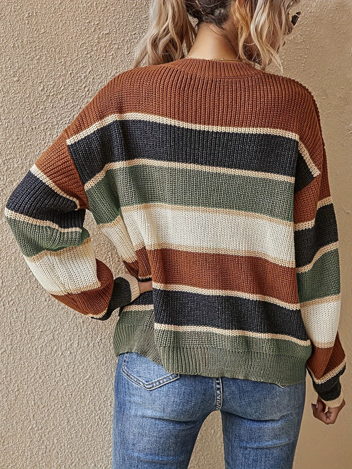 Comfortable Striped Color Block Sweater for Women with Crew Neck Long Sleeve Relaxed Oversized Knit Style