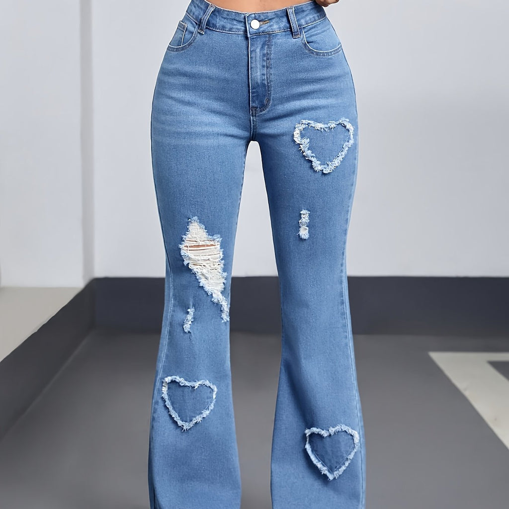 Effortless Light Blue Distressed Flare Jeans for Women with High Waist Heart Patch Frayed Hem Casual Style