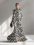 Women's Black And White Patterned Stretch Blend Wrap Dress