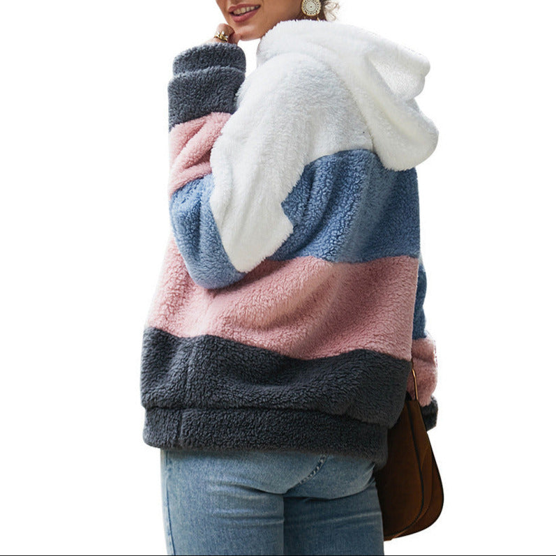 Comfortable Colorblock Sherpa Hoodie for Women with Drawstring Hood Long Sleeve Oversized Fleece Style