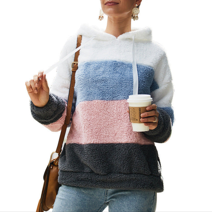 Comfortable Colorblock Sherpa Hoodie for Women with Drawstring Hood Long Sleeve Oversized Fleece Style