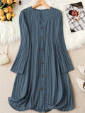 Comfortable Ribbed Knit Sweater Dress for Women with V Neck Long Sleeve Button Front Flowing Style