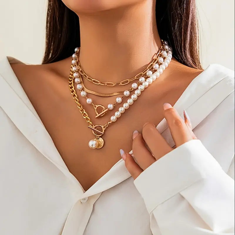 Vintage Pearl & Gold Snake Chain Necklace Set | Gold