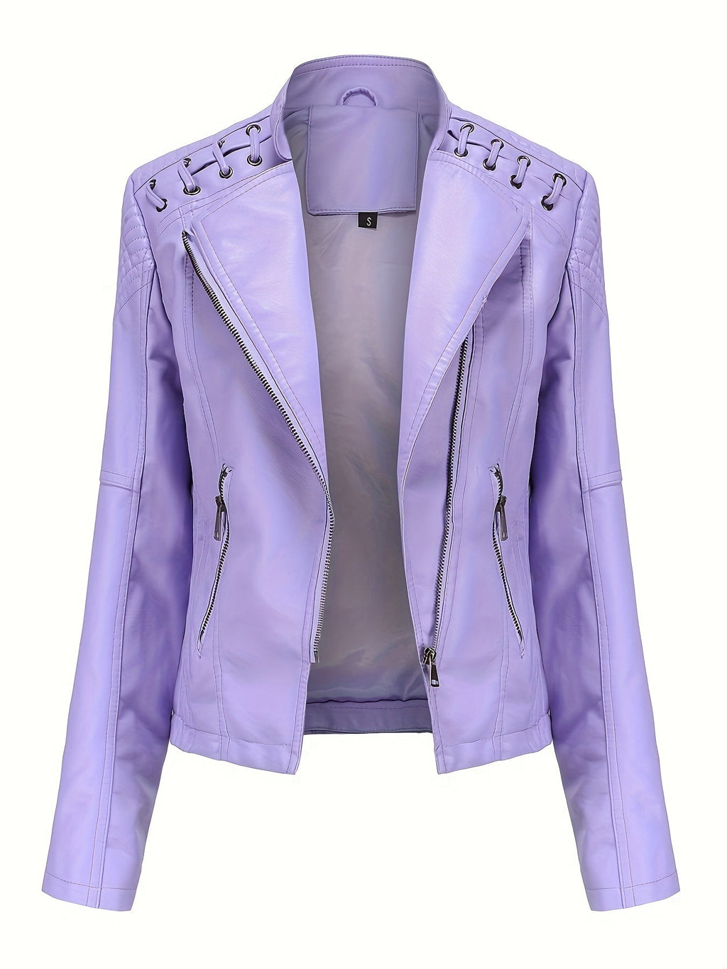 Elegant Leather Moto Jacket for Women with Notch Lapel Zip Front Studded Shoulder