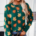 Comfortable Maple Leaf Print Sweater for Women with Crew Neck Long Sleeve Relaxed Oversized Knit Style