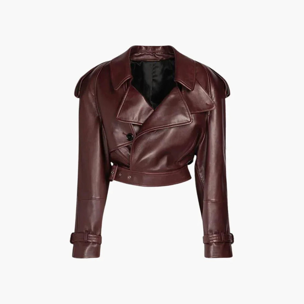 Elegant Brown Leather Jacket for Women with Notch Lapel Long Sleeve Cropped Belted Biker Style