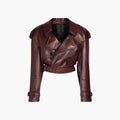 Elegant Brown Leather Jacket for Women with Notch Lapel Long Sleeve Cropped Belted Biker Style