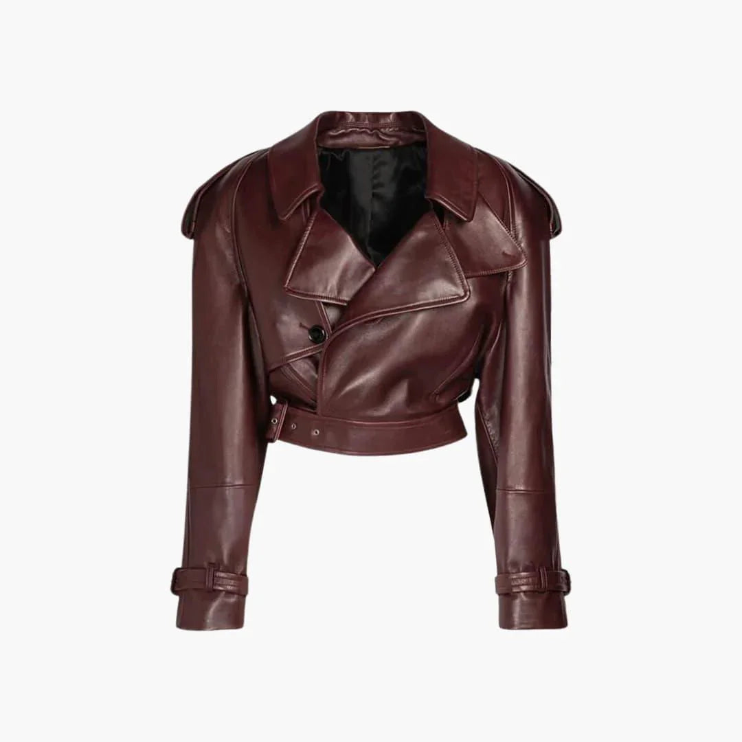 Elegant Brown Leather Jacket for Women with Notch Lapel Long Sleeve Cropped Belted Biker Style