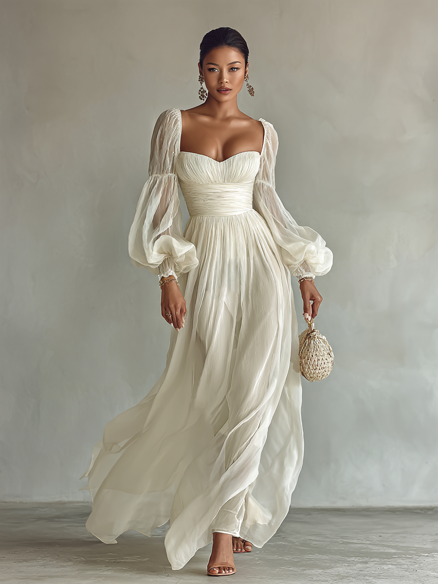 Lightweight Chiffon Long Sleeve Maxi Dress with Fitted Waist for Day to Evening