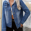 Effortless Blue Jean Jacket for Women with Hooded Collar Long Sleeve Button Front Relaxed Style