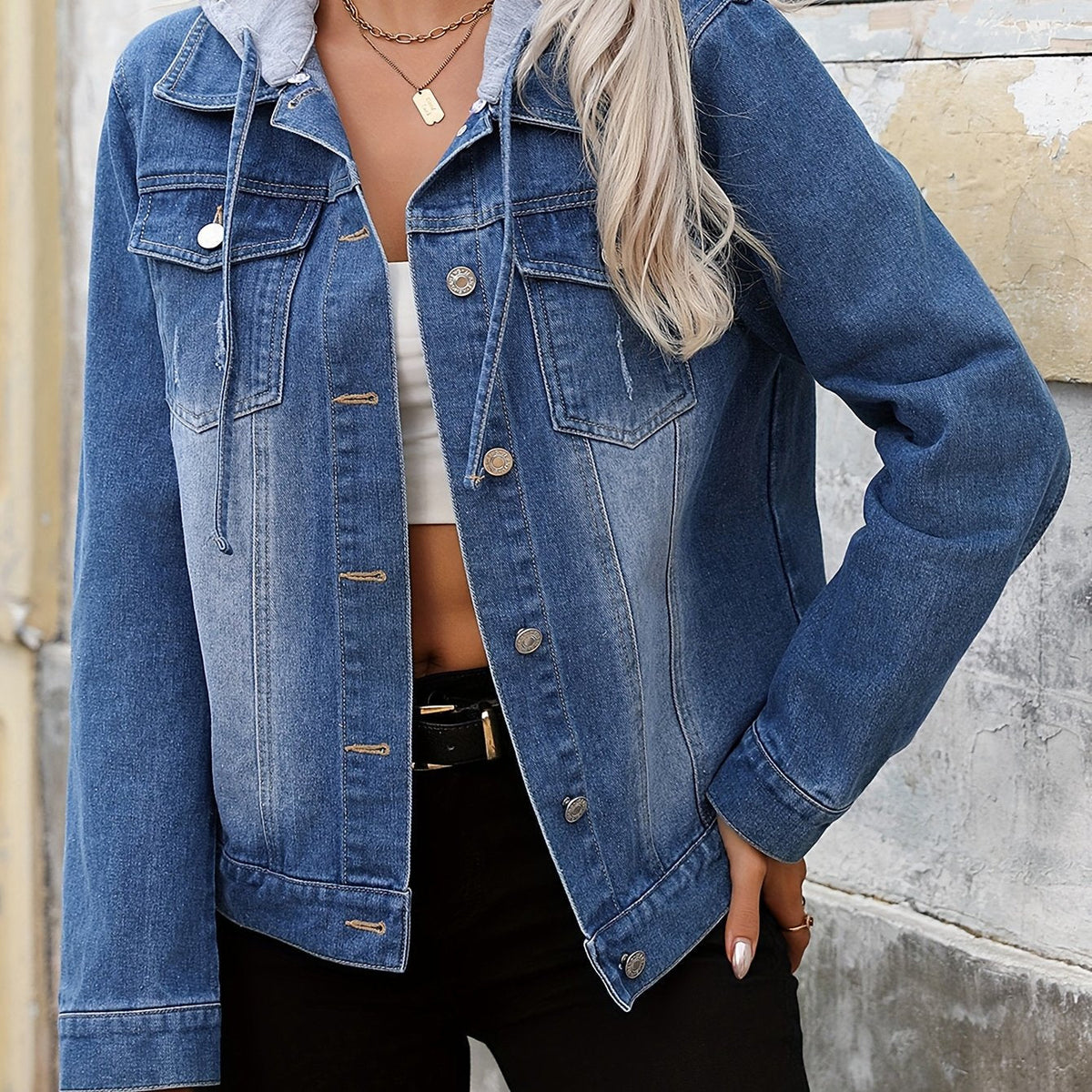Effortless Blue Jean Jacket for Women with Hooded Collar Long Sleeve Button Front Relaxed Style