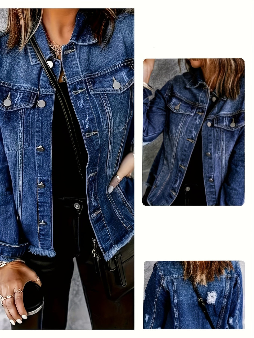 Relaxed Fit Washed Denim Jacket with Collar and Raw Hem
