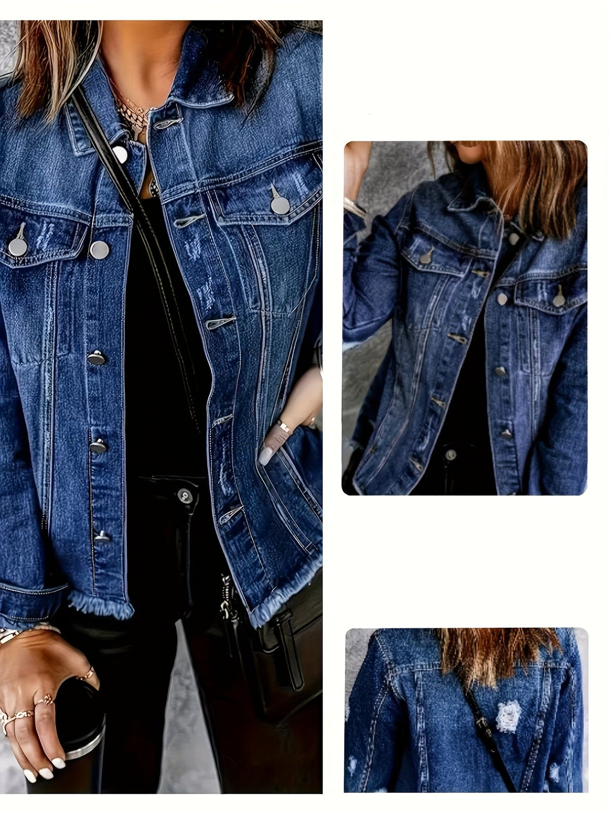 Relaxed Fit Washed Denim Jacket with Collar and Raw Hem