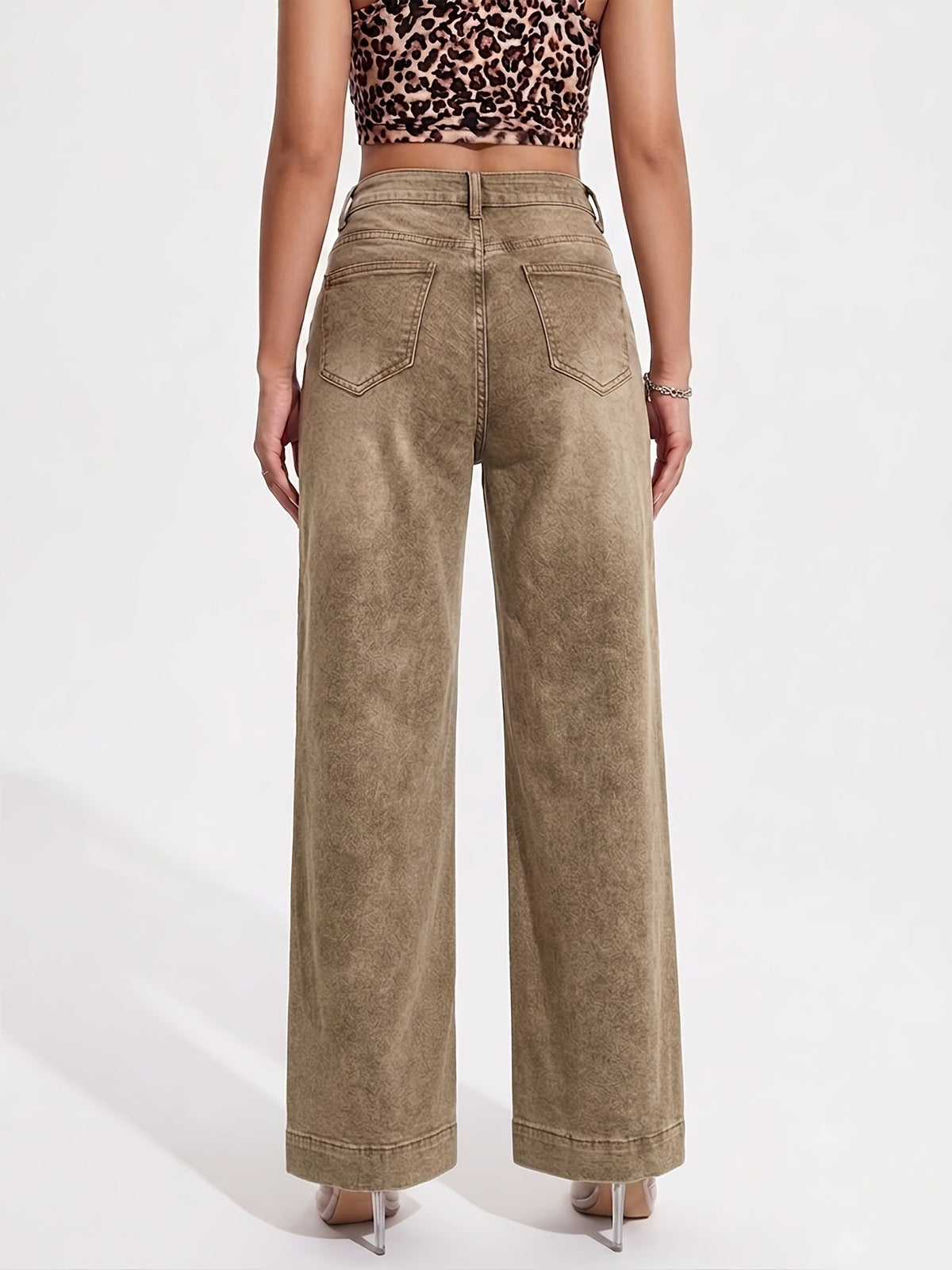 Effortless Brown Wash Flare Jeans for Women with High Waist Button Front Pocket Detail Relaxed Style