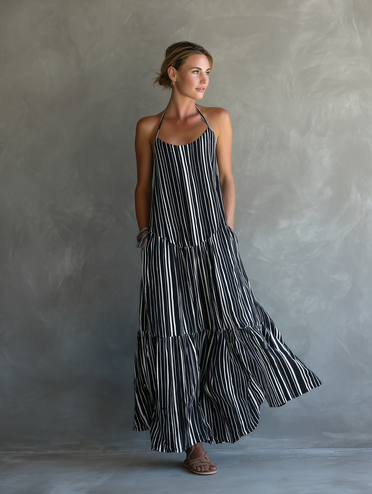 Women's Black And White Vacation Style Striped Maxi Dress With Halter Neckline & Tiered Skirt