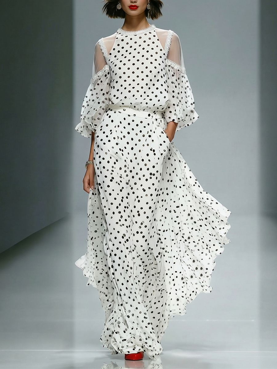 Women's White Polka Dot Chiffon Dress With Sheer Cold-Shoulder Puffed Sleeves, Timeless Retro-Elegant Style Dress