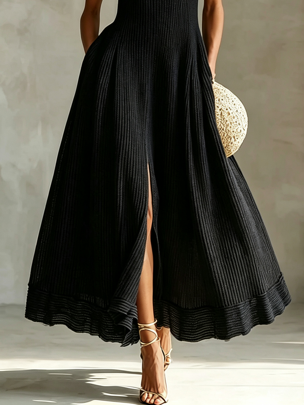 Minimalist Black Knit Evening Dress with Mock Neck and Thigh Slit
