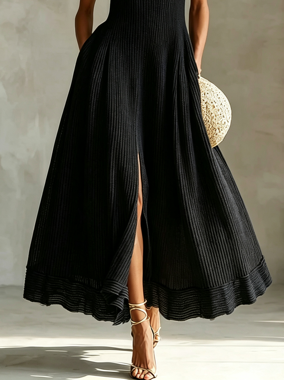 Minimalist Black Knit Evening Dress with Mock Neck and Thigh Slit