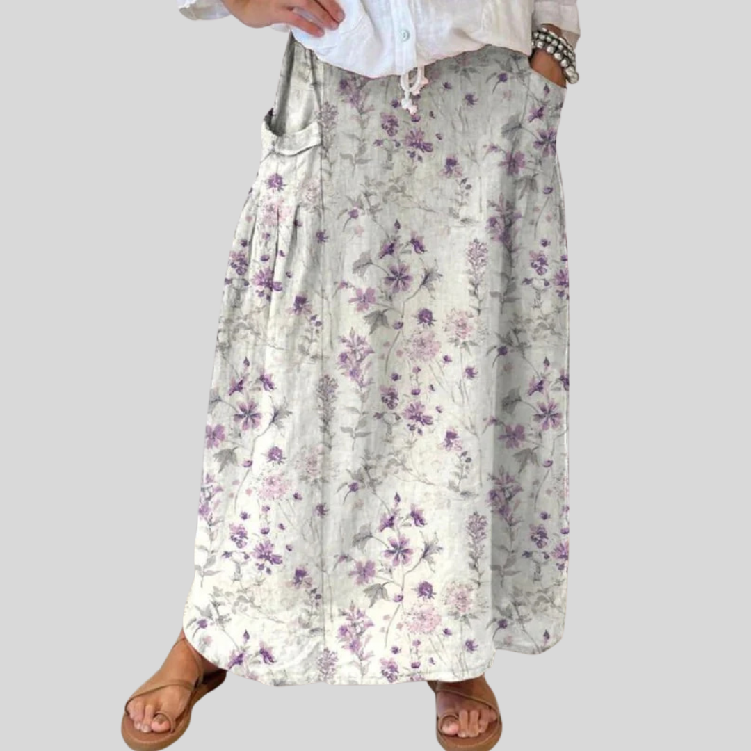 Women's Vintage Floral Art Linen Elastic waistband Pocket Skirt