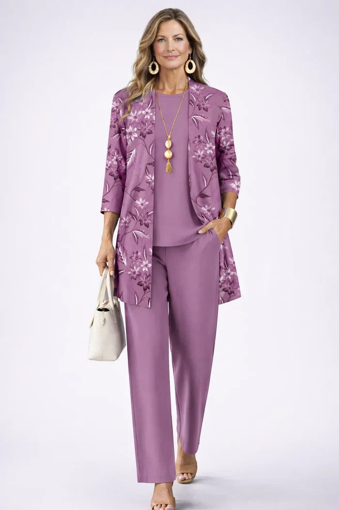Three-Piece Co-ord Set with Longline Cardigan and Printed Trousers