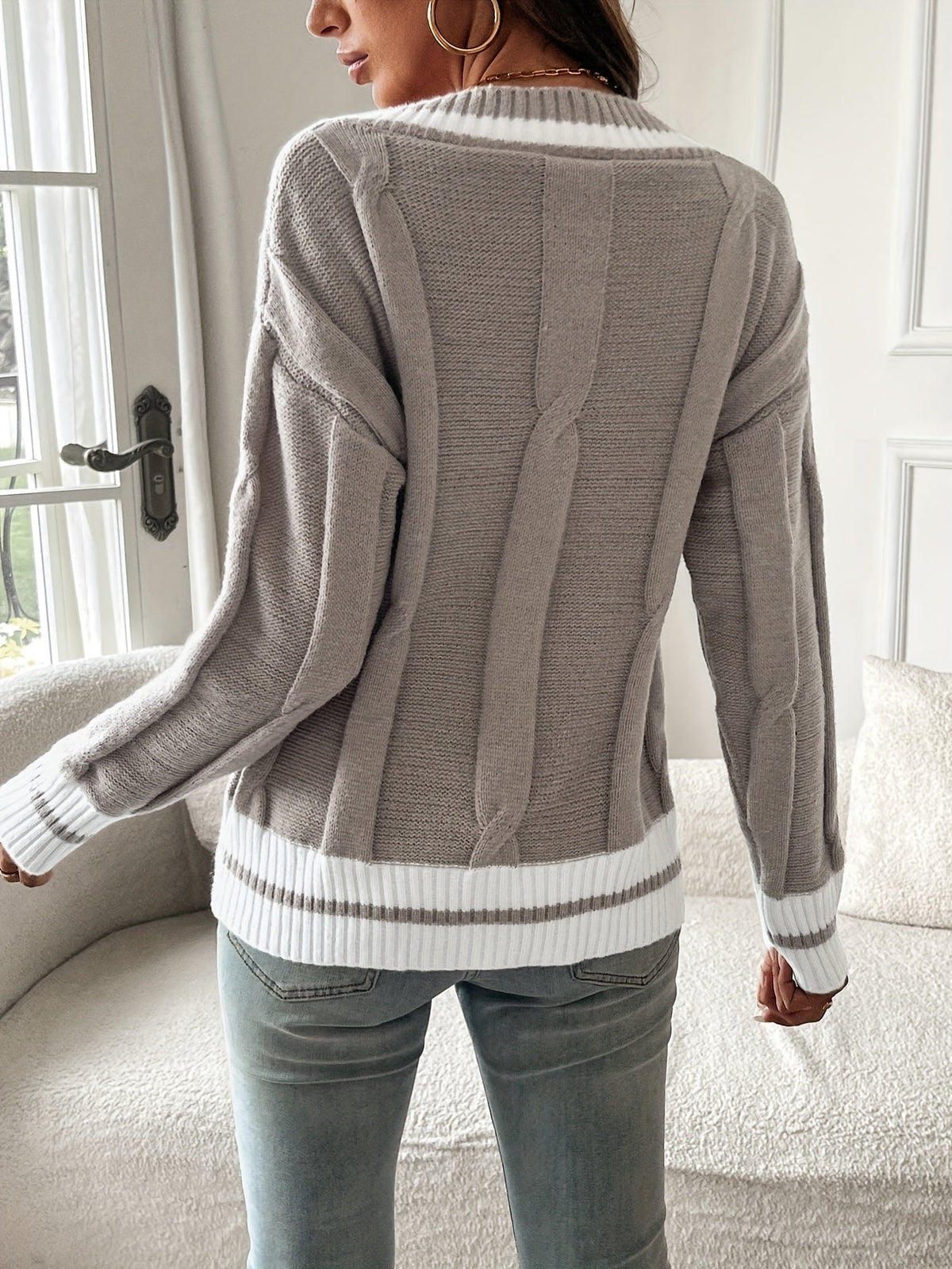 Comfortable Mixed Color Cable Knit Sweater for Women with V Neck Long Sleeve Striped Cuff Oversized Style
