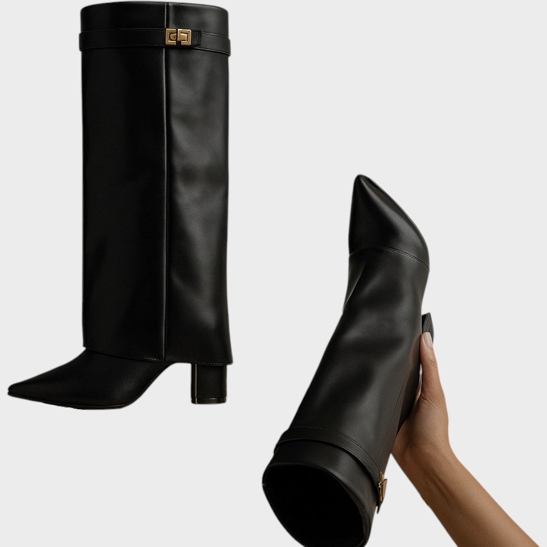 Tall Leather Boots with Wide Shaft and Pointed Toe