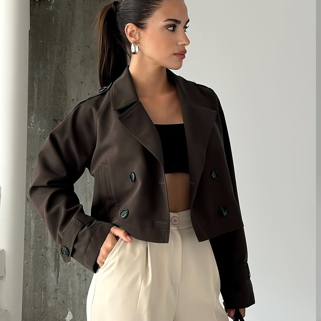 Elegant Coffee Brown Pea Coat for Women with Notched Lapel Long Sleeve Double Breasted Cropped Style