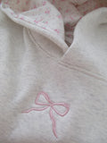 Comfortable Heather Gray Embroidered Bow Hoodie for Women with Hooded Long Sleeve Floral Lined Oversized Knit Style