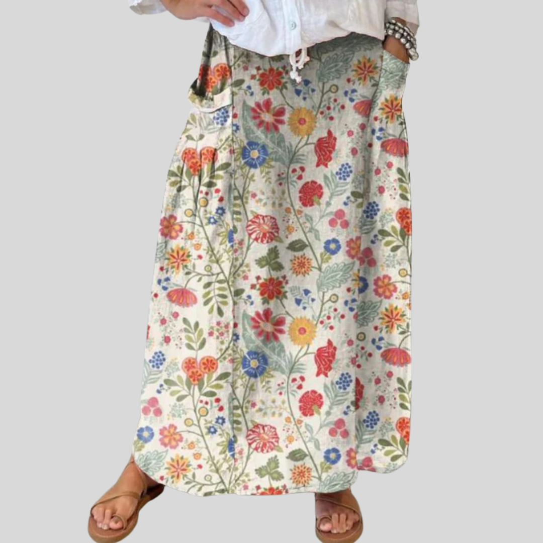 Women's  Floral  Print  Linen Elastic waistband Pocket Skirt