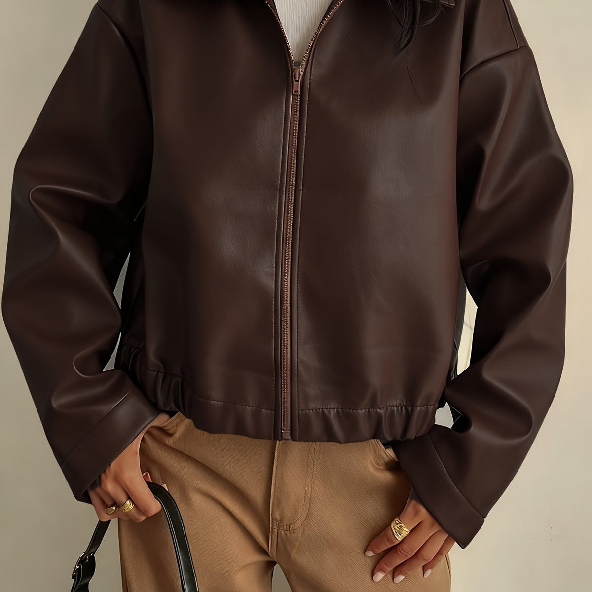 Women's Short Zip-Up Jacket in Brown Vegan Leather