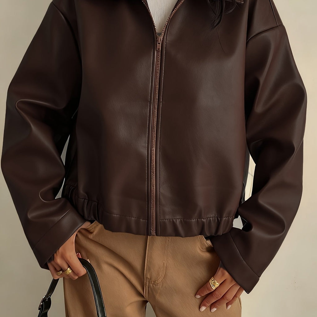 Cropped Brown Faux Leather Jacket with Point Collar and Full Zip