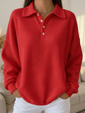 Comfortable Waffle Knit Sweatshirt for Women with Collar Long Sleeve Button Placket Oversized Style