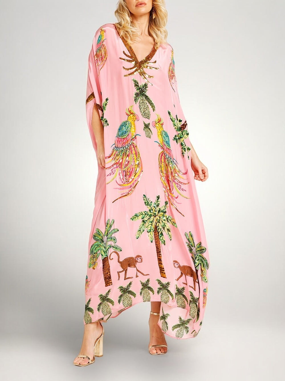 Sequin-Accented Tropical Dress for Warm Weather