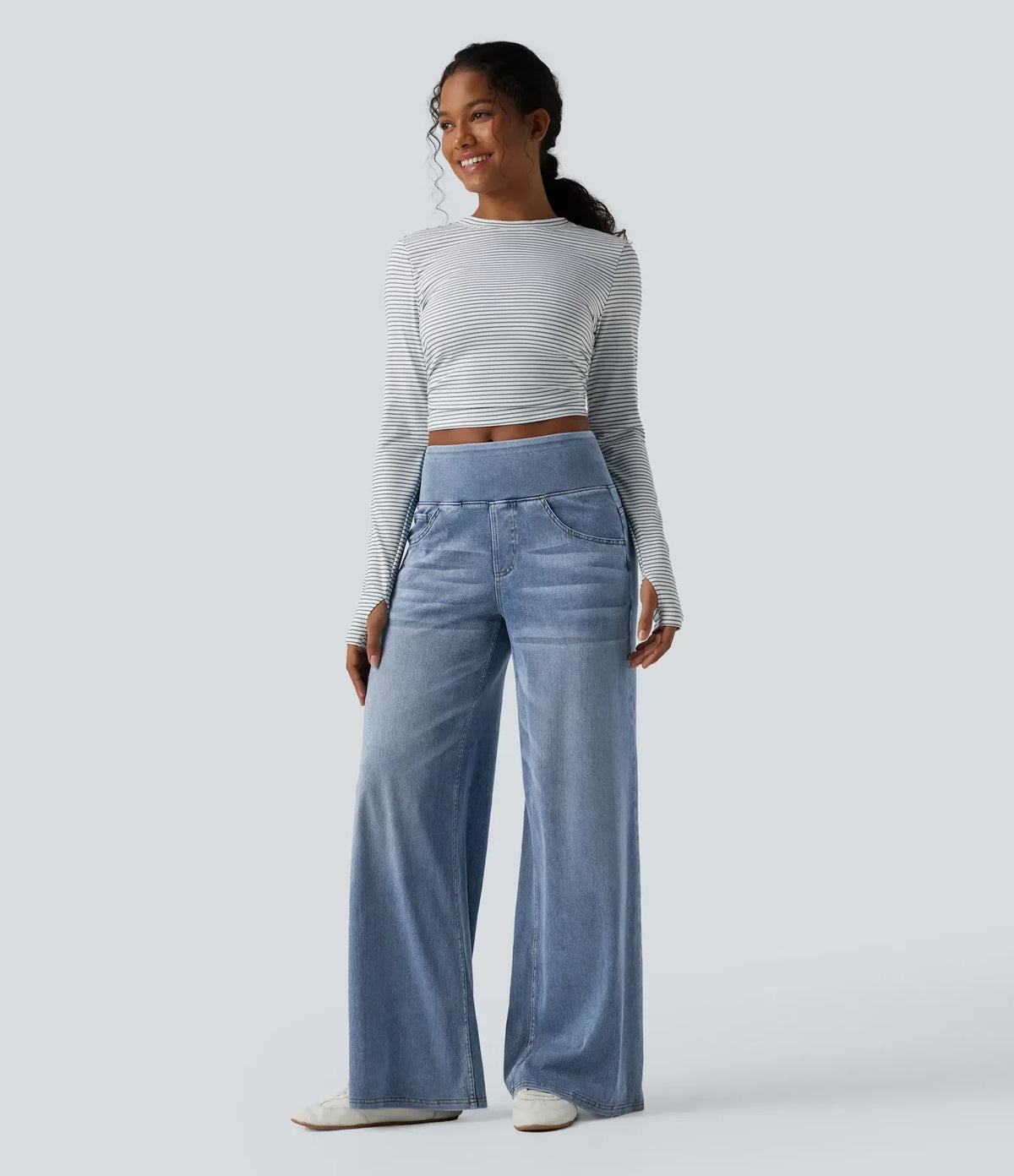 Velouré Flex™ Mid Rise Draped Washed Casual Baggy Wide Leg Jeans with Pockets