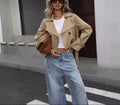 Effortless Khaki Trench Coat for Women with Notched Lapel Long Sleeve Cropped Double Breasted Style