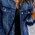 Effortless Deep Blue Distressed Jean Jacket for Women with Collar Long Sleeve Button Front Frayed Relaxed Style