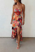 Floral Satin Maxi Dress with Open Back