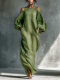 Women's Light Green Cold-Shoulder Maxi Dress With Oversized Puff Sleeves & Side Pockets