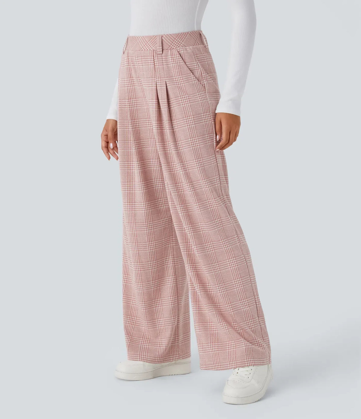 High Waisted Pocket Wide Leg Houndstooth Plaid Casual Pants