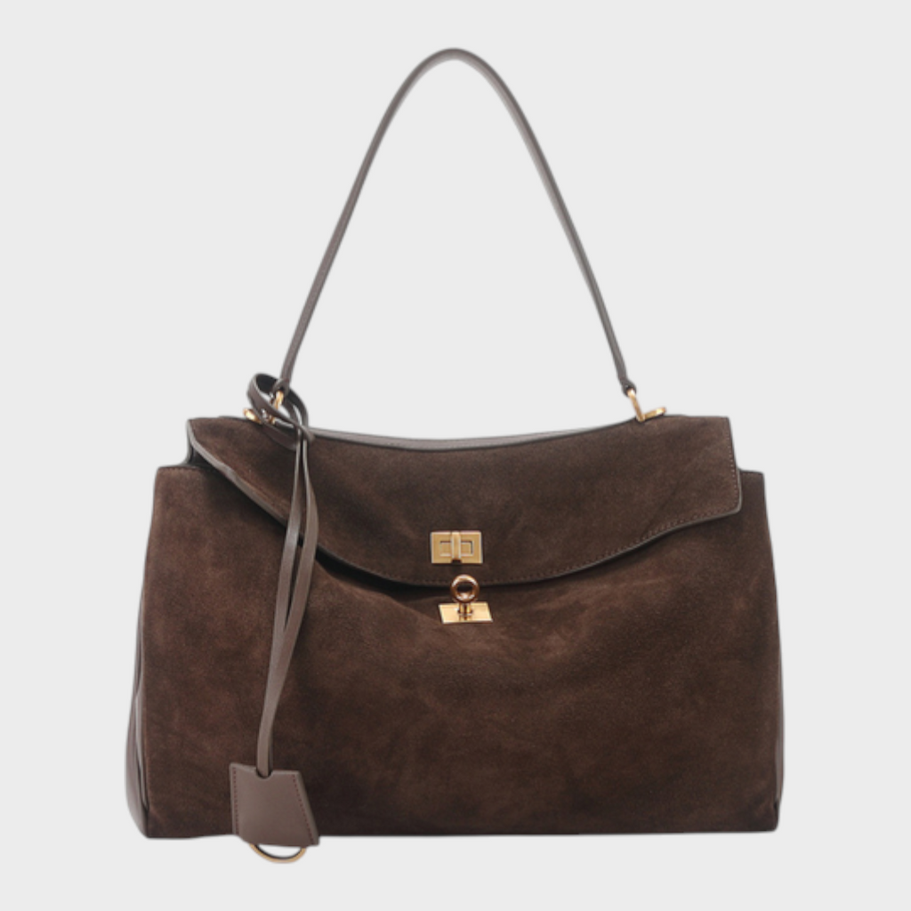 Structured Leather Handbag with Magnetic Flap Closure